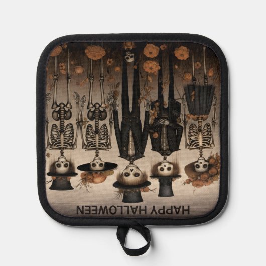 Creepy Skelet Familie Happy Halloween Pannenlap (Voorkant)