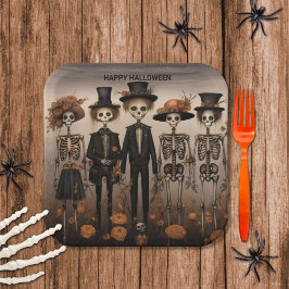 Creepy Skelet Familie Happy Halloween Papieren Bordje