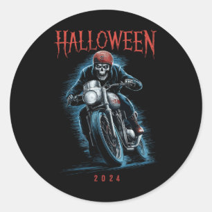 Creepy Skeleton Biker op motorfiets Halloween 2024 Ronde Sticker