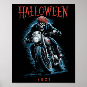Creepy Skeleton Biker Op Motorfiets Halloween Spoo Poster