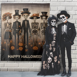 Creepy Skeleton Family Happy Halloween Achtergrond Wandkleed
