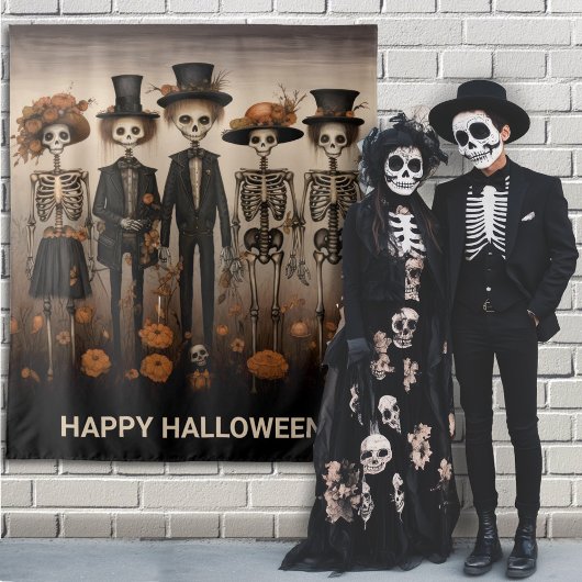 Creepy Skeleton Family Happy Halloween Achtergrond Wandkleed