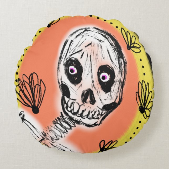 Creepy Skeleton Halloween Doodle Rond Kussen (Voorkant)