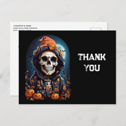 Creepy Skeleton & Pompoenen Halloween Dank u Briefkaart (Voorkant / Achterkant)
