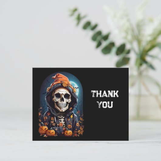 Creepy Skeleton & Pompoenen Halloween Dank u Briefkaart (Staand voorkant)