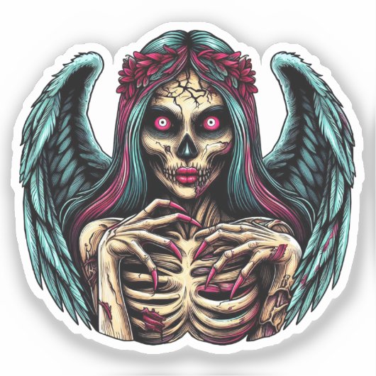 Creepy Skeleton Zombie Angel Dark Fantasy Art Sticker (Voorkant)