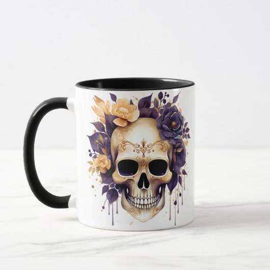 Creepy Skull Geel en Paars Bloemen Halloween Mok (Links)