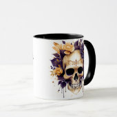 Creepy Skull Geel en Paars Bloemen Halloween Mok (Voorkant rechts)
