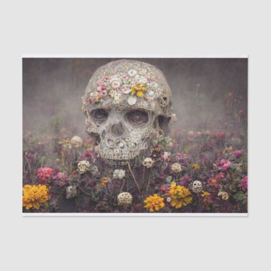 Creepy Skull in Flower Garden Decoupage Tissue Pap Tissuepapier (Voorkant)