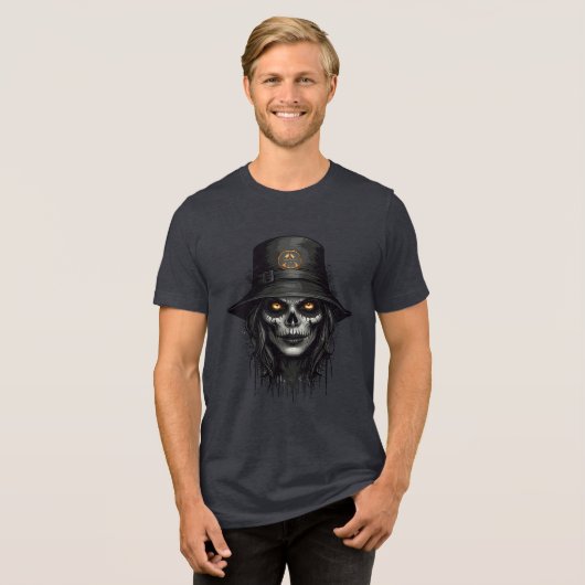Creepy Skull Witch with Glowing Eyes Art Tri-Blend Shirt (Voorkant volledig)