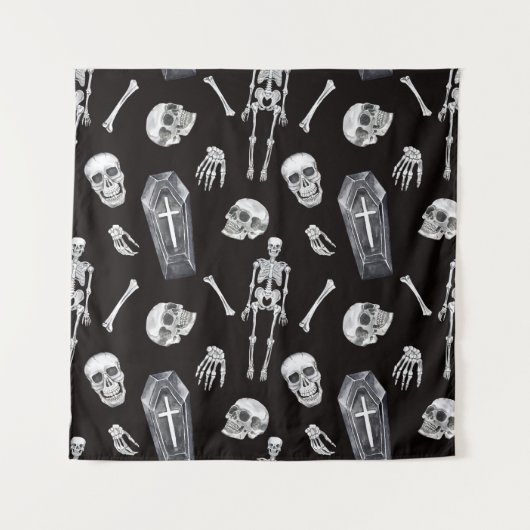 Creepy Skulls: Halloween Waterverf Pattern Wandkleed (Voorkant)
