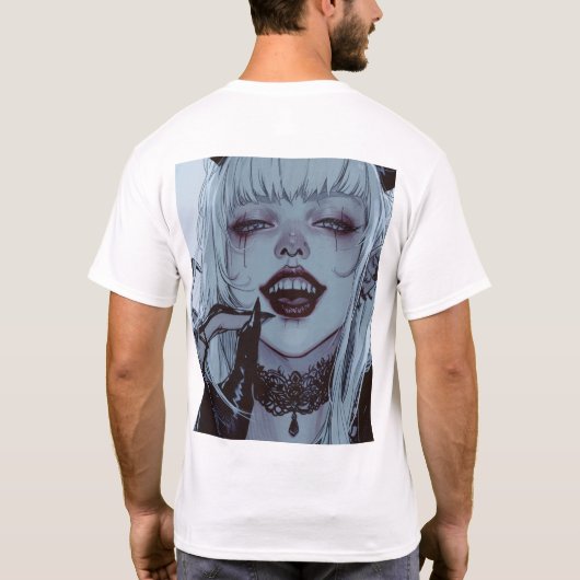 Creepy Smile Anime Girl met wit haar T-shirt (Achterkant)