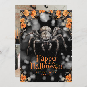 Creepy Spider Floral Foto Happy Halloween Kaart