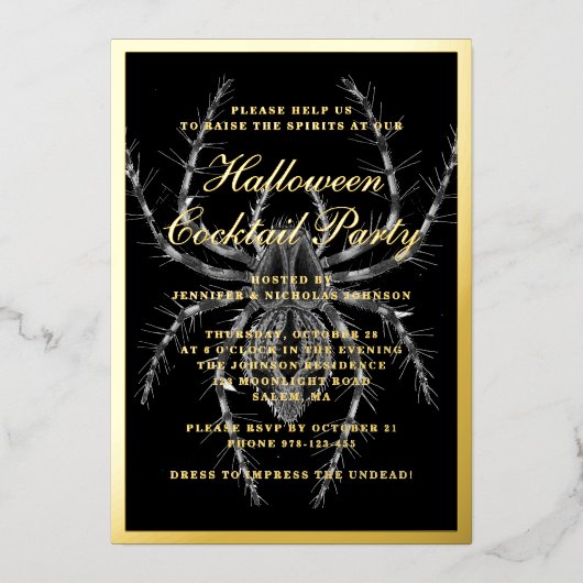 Creepy Spider Halloween Cocktail Party Gold Folie Uitnodiging (Voorkant)