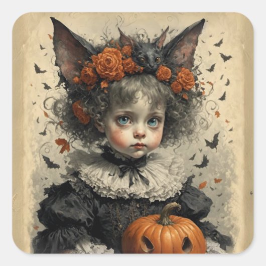Creepy Victoriaans Meisje Halloween Vierkante Sticker (Voorkant)