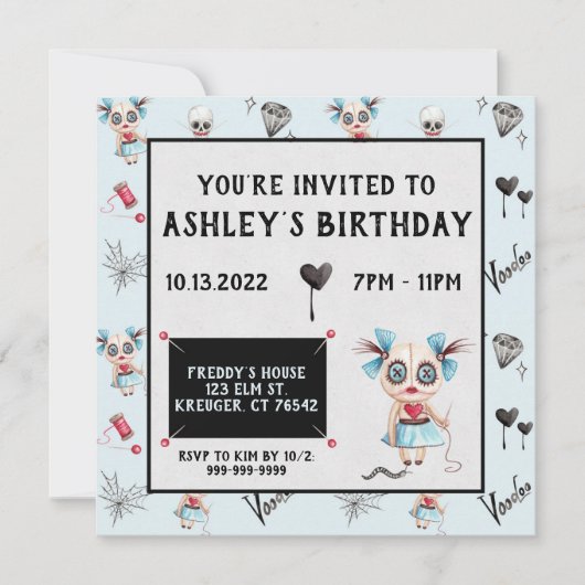 Creepy Voodoo Doll Witchy Birthday Invitation Kaart (Voorkant)