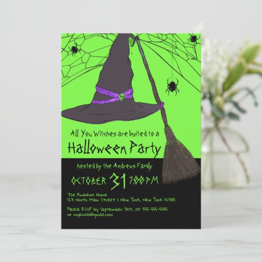 Creepy Witch Pet Spider Web Halloween Party Kaart (Staand voorkant)