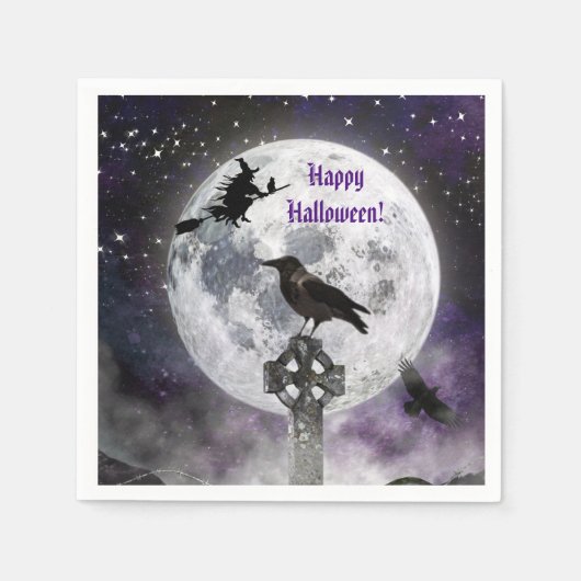 Creepy Witch & Volle Maan Halloween Papier Servet (Voorkant)
