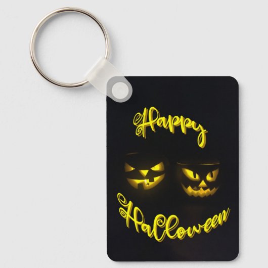 Creepy yellow glow pomkin face Happy Halloween Sleutelhanger (Voorkant)