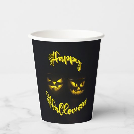 Creepy Yellow Happy Halloween met pompoengezicht Papieren Bekers (Voorkant)