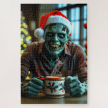 Creepy Zombie geniet van een warme drink met kerst