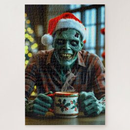 Creepy Zombie geniet van een warme drink met kerst Legpuzzel
