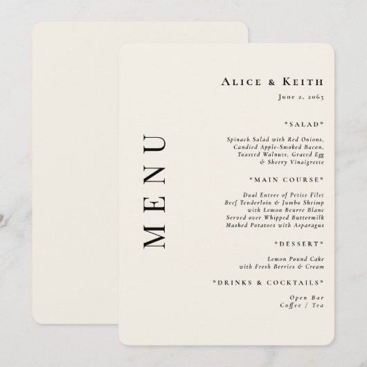 Crème Afgeronde Bruiloft Receptie Menu Uitnodiging (Voorkant / Achterkant)