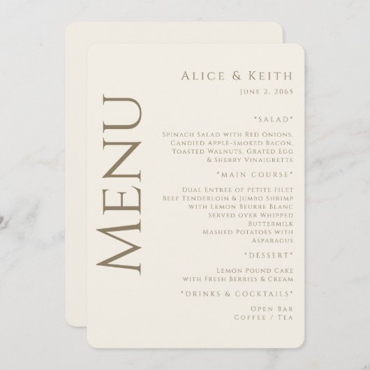 Crème Afgeronde Gouden Tekst Bruiloft Menu Uitnodi Kaart (Voorkant / Achterkant)