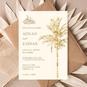 Crème and Gold Glitter Date Palm Muslim Wedding Kaart