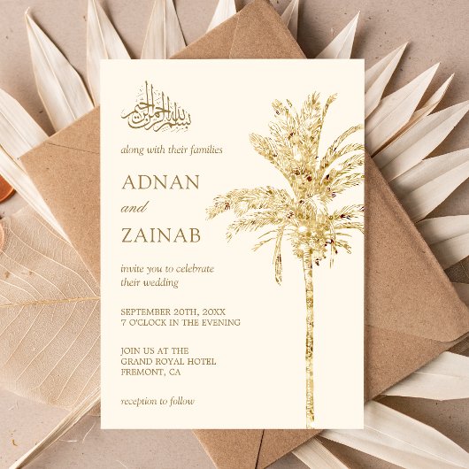 Crème and Gold Glitter Date Palm Muslim Wedding Kaart