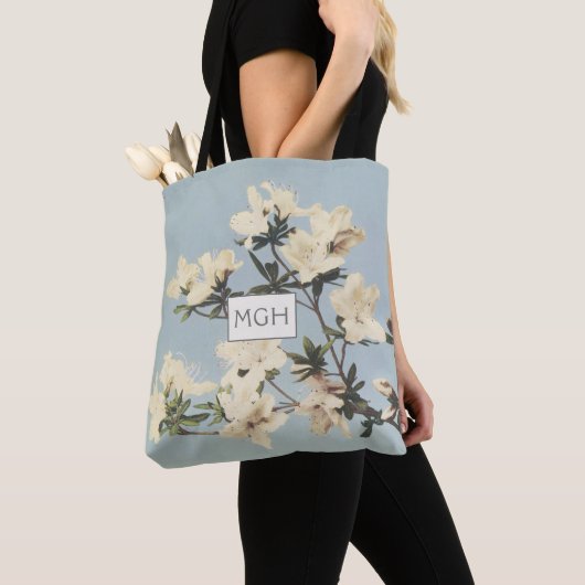 Crème Azalea Bloemen Monogram Tote Bag (Dichtbij)