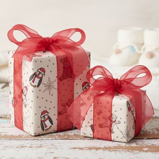 Crème Baby's Eerste Kerst Winter Dieren Cadeaupapier