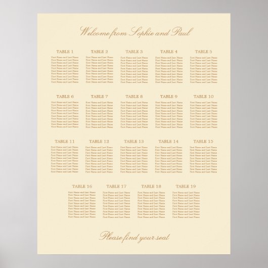 Crème Beige 19 Tafel Bruiloftstoelindeling Poster (Voorkant)