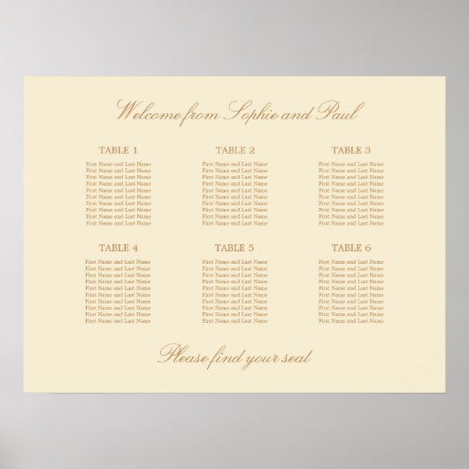 Crème Beige 6 Tafel Bruiloftstoelindeling Poster (Voorkant)