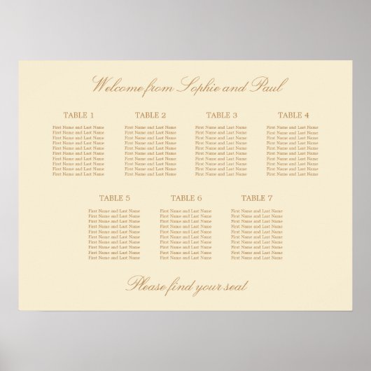 Crème Beige 7 Tafel Bruiloft Stoelen Chart Poster (Voorkant)