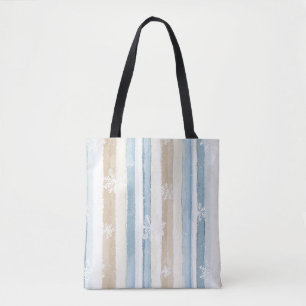 Crème Beige Blauwe Kerst Sneeuwvlokken Strepen Tote Bag