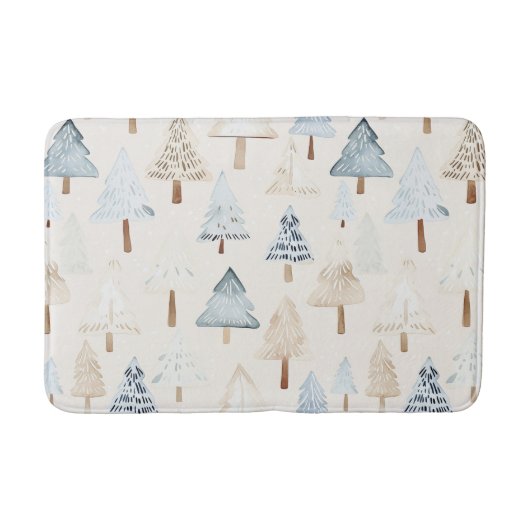 Crème Beige Blauwe Kerstbomen Badmat (Voorkant)
