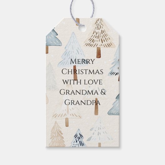 Crème Beige Blauwe Kerstbomen Cadeaulabel (Voorkant)