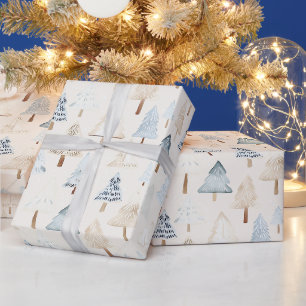 Crème Beige Blauwe Kerstbomen Cadeaupapier