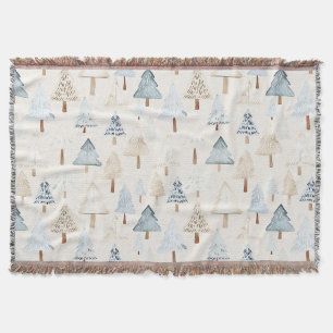 Crème Beige Blauwe Kerstbomen Deken