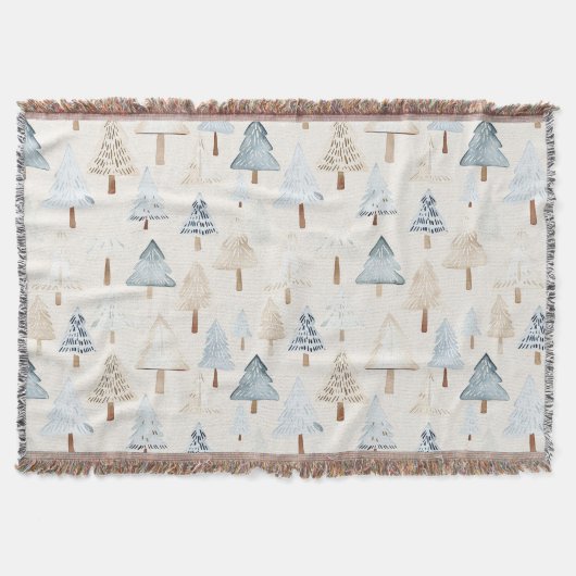 Crème Beige Blauwe Kerstbomen Deken (Voorkant)