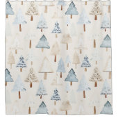 Crème Beige Blauwe Kerstbomen Douchegordijn (Voorkant)