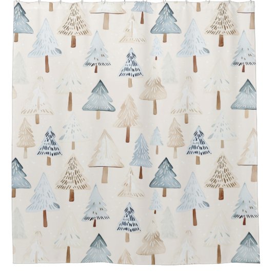 Crème Beige Blauwe Kerstbomen Douchegordijn (Voorkant)