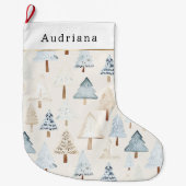 Crème Beige Blauwe Kerstbomen Grote Kerstsok (Voorkant)