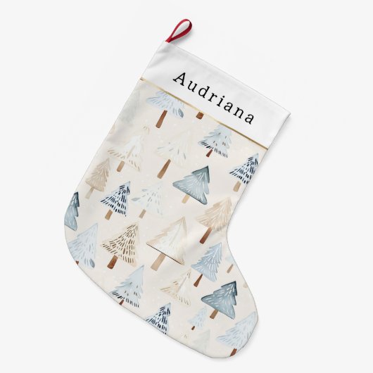 Crème Beige Blauwe Kerstbomen Grote Kerstsok (Voorkant (Hangend))