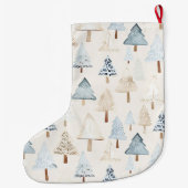 Crème Beige Blauwe Kerstbomen Grote Kerstsok (Achterkant)