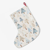 Crème Beige Blauwe Kerstbomen Grote Kerstsok (Achterkant (Hangend))