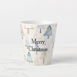 Crème Beige Blauwe Kerstbomen Latte Mok