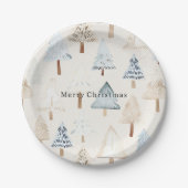 Crème Beige Blauwe Kerstbomen Papieren Bordje (Voorkant)