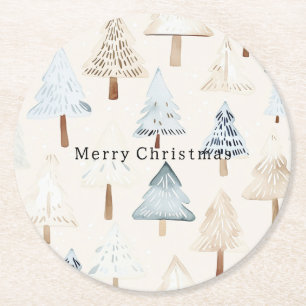 Crème Beige Blauwe Kerstbomen Ronde Kartonnen Onderzetter